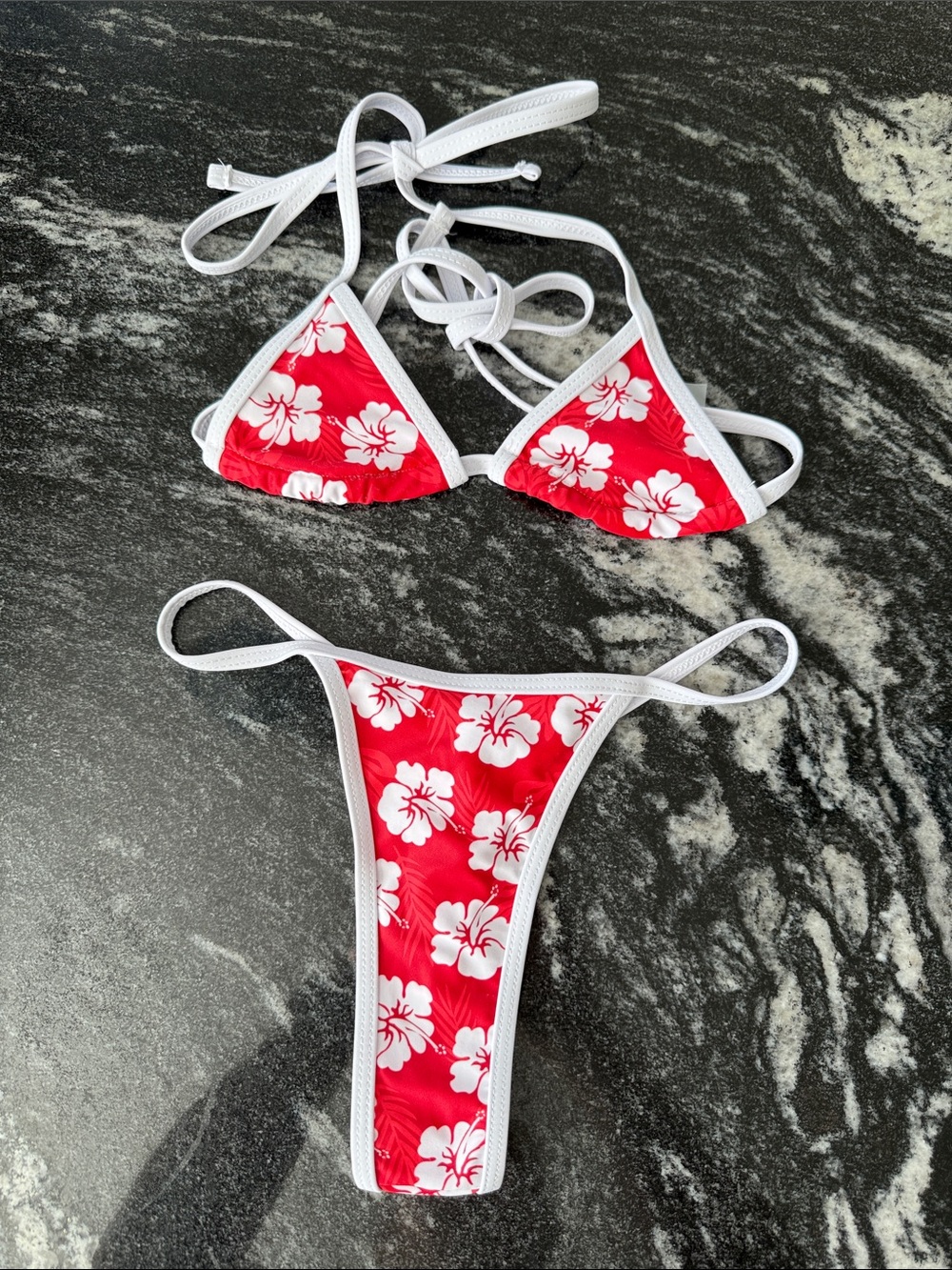 Red Floral String Bikini Set with White Trim, XS, NWOT, Never Worn